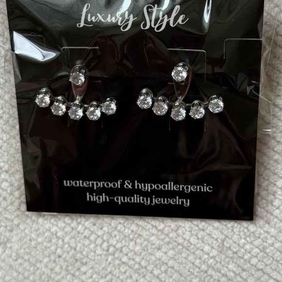 18k Gold Plated Stainless Steel Cubic Zirconia Ear Jacket Earrings - Silver Tone - Picture 2 of 2